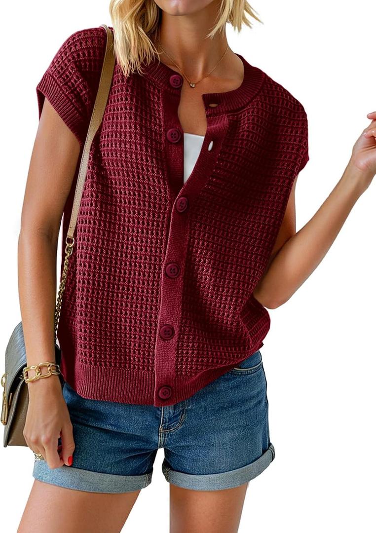 Saodimallsu Womens Short Cap Sleeve Sweater Vest Crochet Button Down Cardigans Crew Neck Summer Knit Tops (Red)