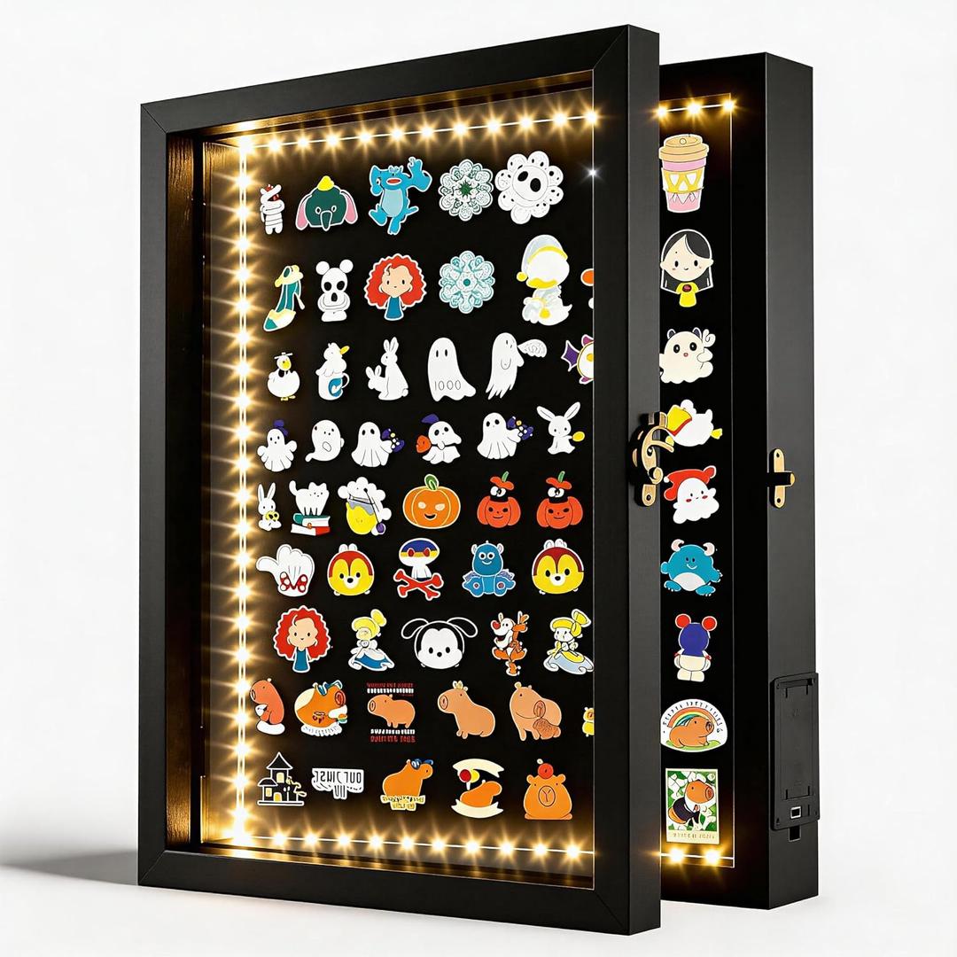 Light Up Pin Display Case 16x12 Black with Openable Door, LED Enamel Pin Display Board for Wall or Tabletop, Pin Holder Collection Display Frame for Collectors