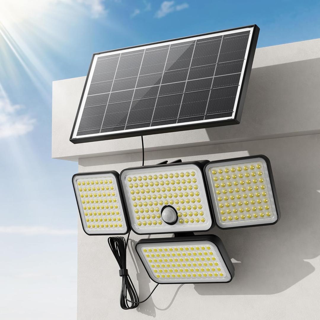 JACKYLED Solar Lights Outdoor, 4000mAh Security Lights with Larger Solar Panel & 16.4FT Cable, 4-Head Motion Sensor Lights with Remote Control, IP65 Waterproof 270 Wide Flood Wall Lights (1 Pack) (Black)