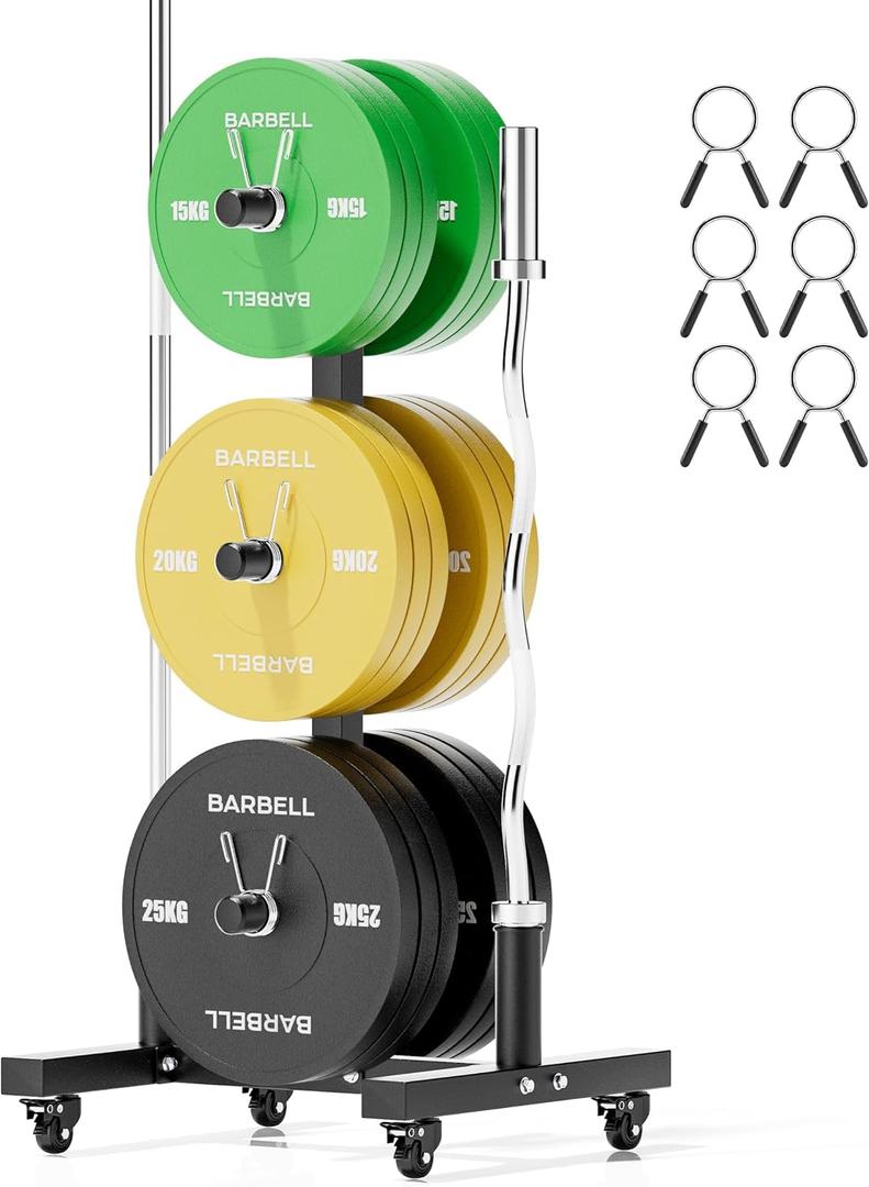 Weight Tree with 4 Lockable Casters, Weight Plate Rack for Olympic Plates