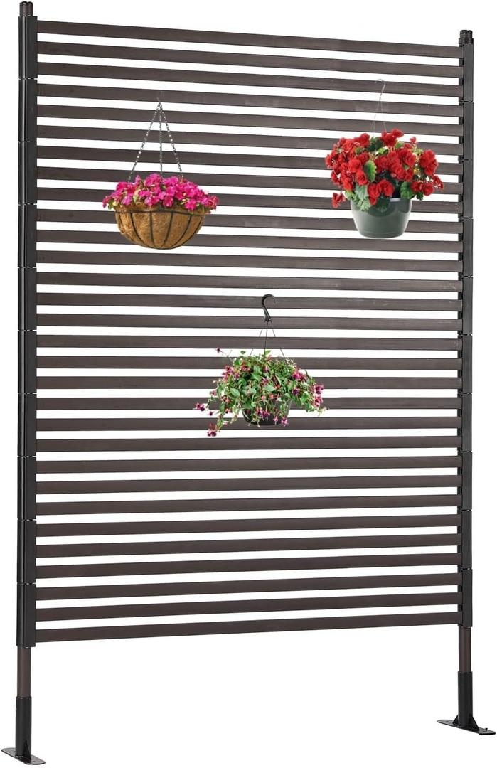 OTOSUNNY Metal Outdoor Privacy Screen with Stand, 4 ft W x 6 ft H PE-Coating Steel Pipes and Slats Panels, Decoative Privacy Screen Fence Panels Freestanding for Outside Patio Garden Backyard, Brown