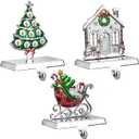 GUOER 3 Pack Christmas Stocking Holder Set for Mantle Christmas Decorations Mantle Fireplace Topper-House, Sleigh and Christmas Tree Hangers Decorative Metal Hanger