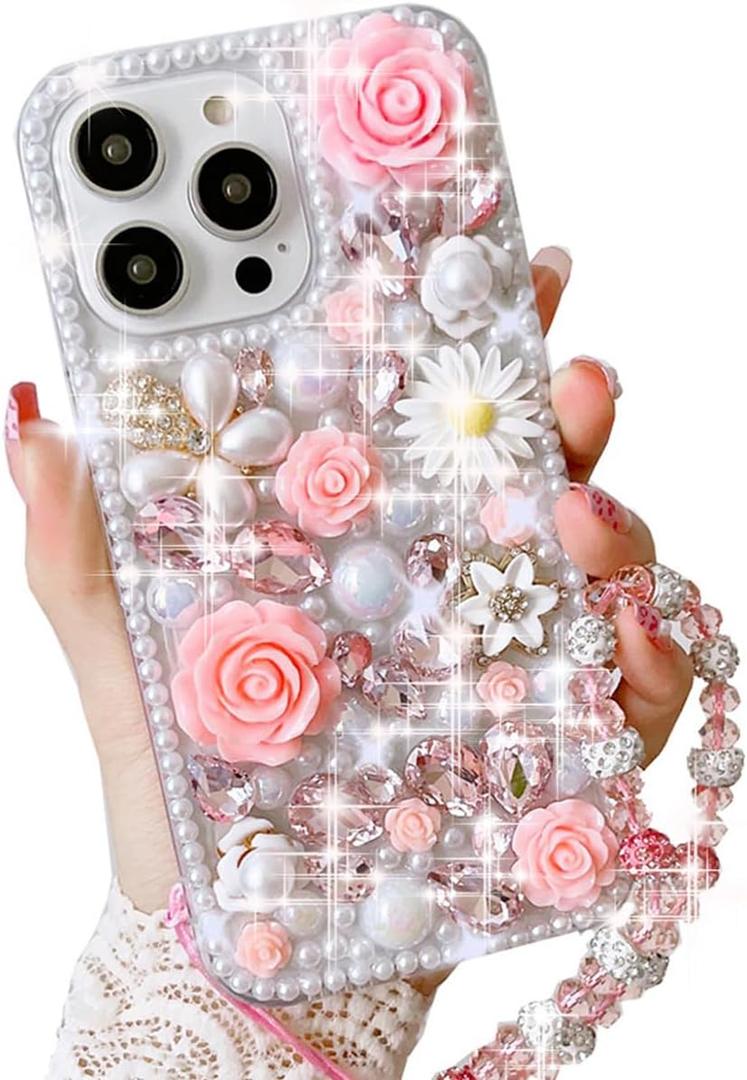 for iPhone 13 Pro Max Glitter Bling Case, Cute Luxury 3D Crystal Rhinestone Flowers Diamond Pearl with Wrist Strap Bracelet Chain Women Girls Case Cover for iPhone 13 Pro Max 6.7Inch (Pink)