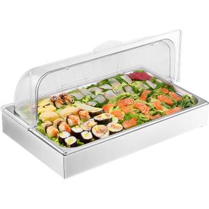 VEVOR Countertop Food Serving Display Container, 1 x 1 Pan Stainless Steel Food Serving Tray, Buffet Condiment Dispenser Display Rack with Clear Lid & 3 Ice Trays, for Restaurant Hotel Kitchen Party 2.0 L