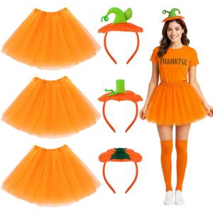 6 Pcs Pumpkin Orange Tutu Costume Set for Women 3 Tutu Skirt 3 Pumpkin Headband Orange Accessories Cosplay Outfit for Thanksgiving Halloween