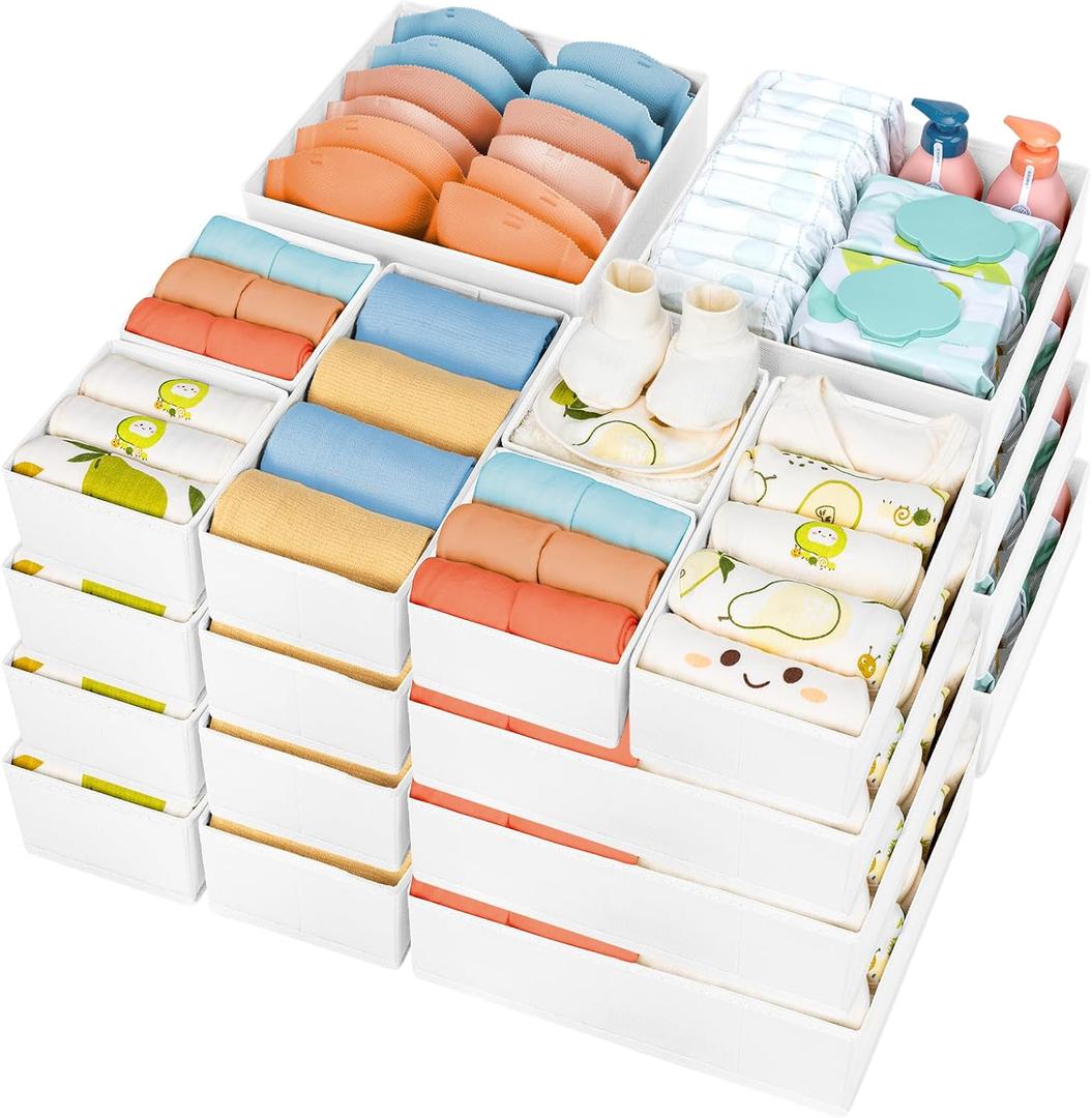DIMJ Drawer Organizer Clothes, 24 Pack Dresser Organizer, Foldable Closet Organizers and Storage, Fabric Dresser Drawer Organizers, Drawer Dividers for Nursery, Baby Clothes, Underwears, Sock (White)