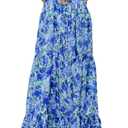 Summer Floral Sundress for Women Spaghetti Straps Hollow Out Tie Front Maxi Dress Flowy Smocked Bohemia Dress (Large, Blue)
