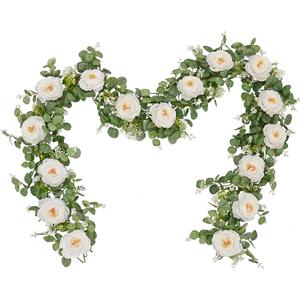 Dolicer 2Pcs 13Ft Artificial Eucalyptus Garlands with Flowers, Faux Floral Greenery Garlands Fake Flowers Vines for Wedding Table Centerpieces Arch Party Ceremony Backdrop Decor (White)