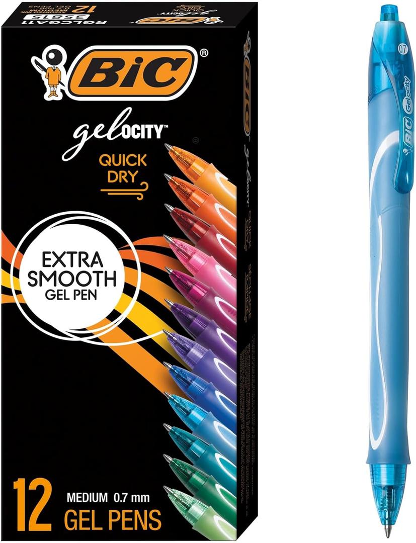 BIC Gelocity Quick Dry Assorted Colors Gel Pens, Medium Point (0.7mm), 12-Count Pack, Retractable Gel Pens With Comfortable Full Grip