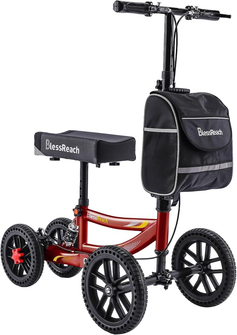 Knee Scooter, 350lbs Capacity, 13" Big PU Seat, Disc Brake Knee Walker, All Terrain Foldable Knee Scooter Walker with Bag for Foot Injuries Compact Crutches Alternative (Burgundy)