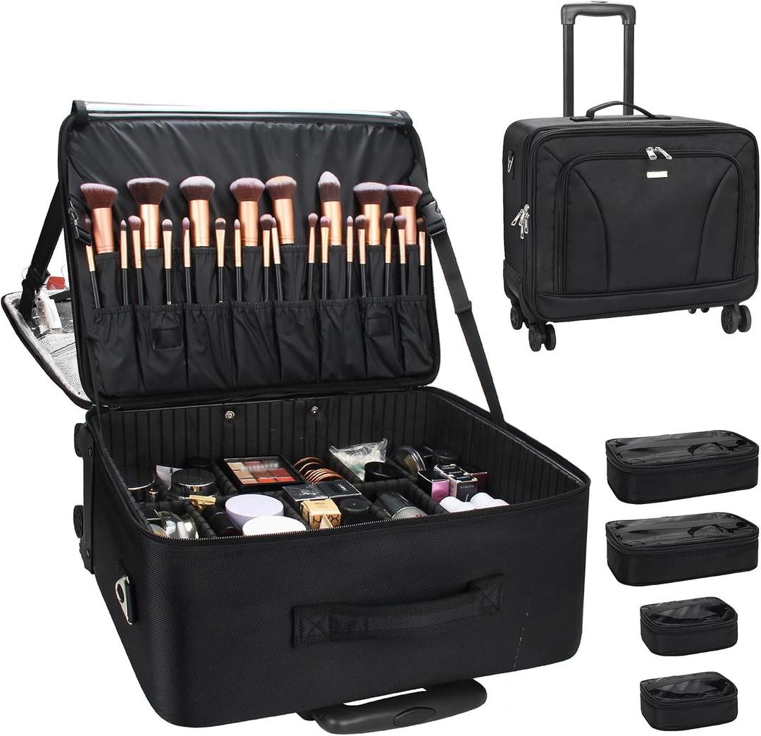 Relavel Rolling Makeup Case, Extra Large Travel Train Case with 360 Spinner Wheels, 3 Layer with Insulation Compartment & Four Clear Storage Bags, Professional Makeup Artist Bag Set, Black