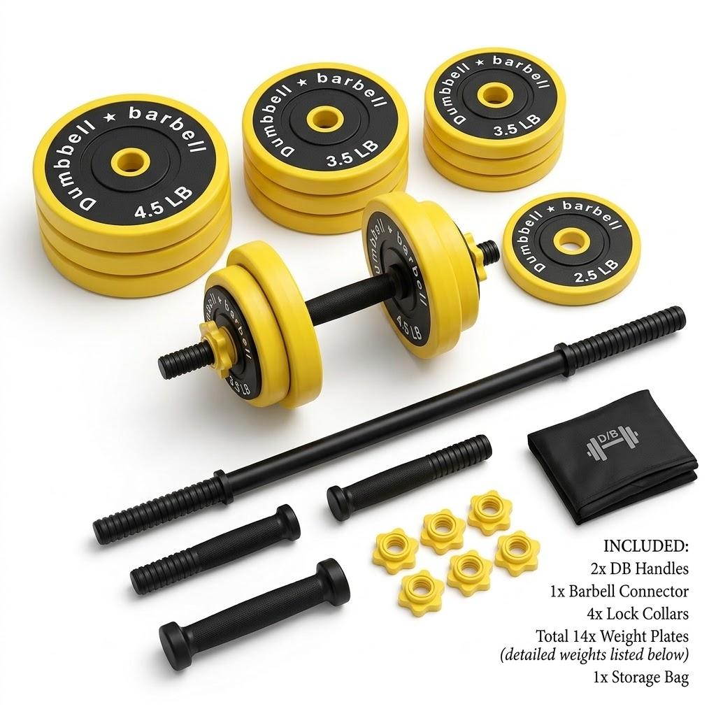 Adjustable Dumbbell & Barbell Set (Yellow & Black) - Free Weights Set with Extension Bar, Includes yellow and black weight plates labeled in 2.5lb}, $3.5lb, and 4.5lb increments for customized resistance