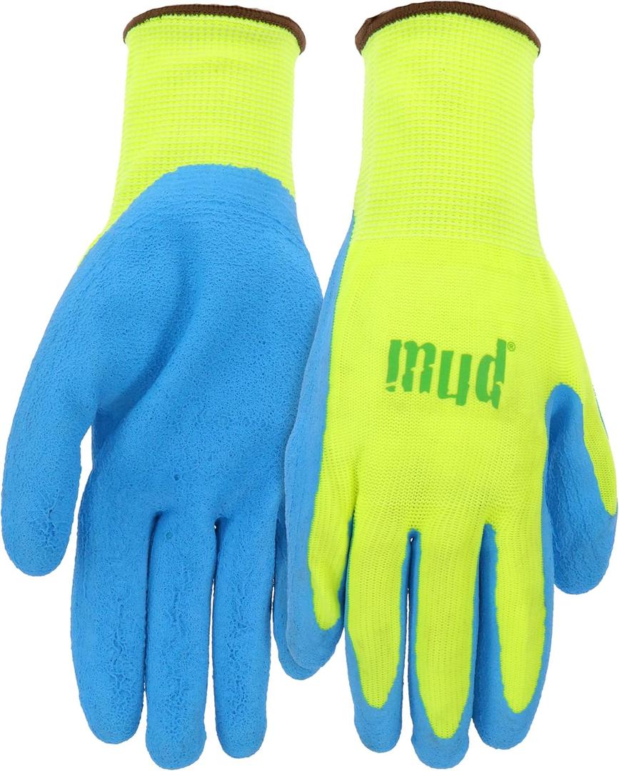 MUD Super Grip Latex Coated Palm Garden Work Gloves, Water Resistant, Polyester Knit Shell, Elastic Knit Wrist, Lime Green/Blue, Medium (SM7187G/M)