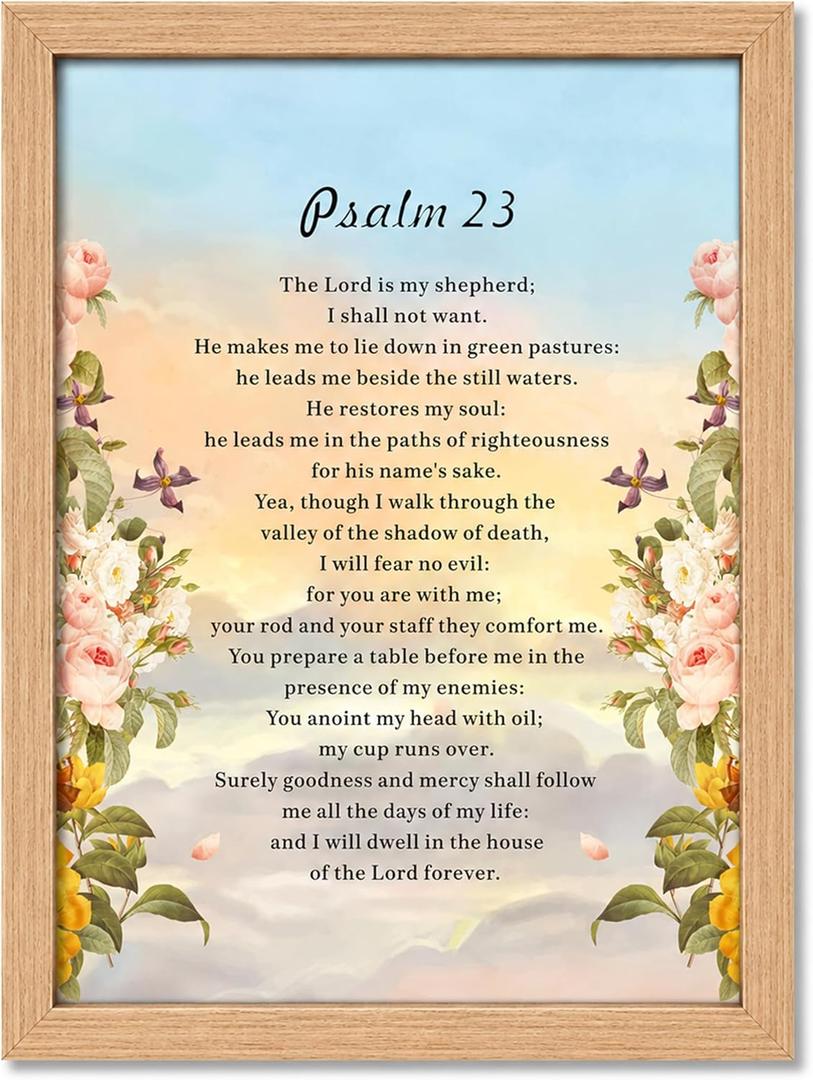 Framed Psalm 23 Flower Canvas Wall Art,The Lord is My Shepherd Christian Scripture Painting Picture Wall Decor,Inspirational Bible Verse Poster Print Artwork,for Bedroom,Prayer Room,office8x10 Inch