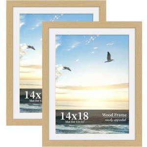 14x18 Picture Frame Set of 2, Wood Frame with Real Glass, Wide Border | Displays 12x16 with Mat or 14x18 without Mat, Horizontal or Vertical Wall Mount, Natural Oak for Gallery Walls