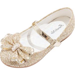 Furdeour Girls Dress Shoes Mary Jane Flower Wedding Party Bridesmaids Shoes Glitter Princess Ballet Flats for Kid Toddler, Size 10 (Gold)