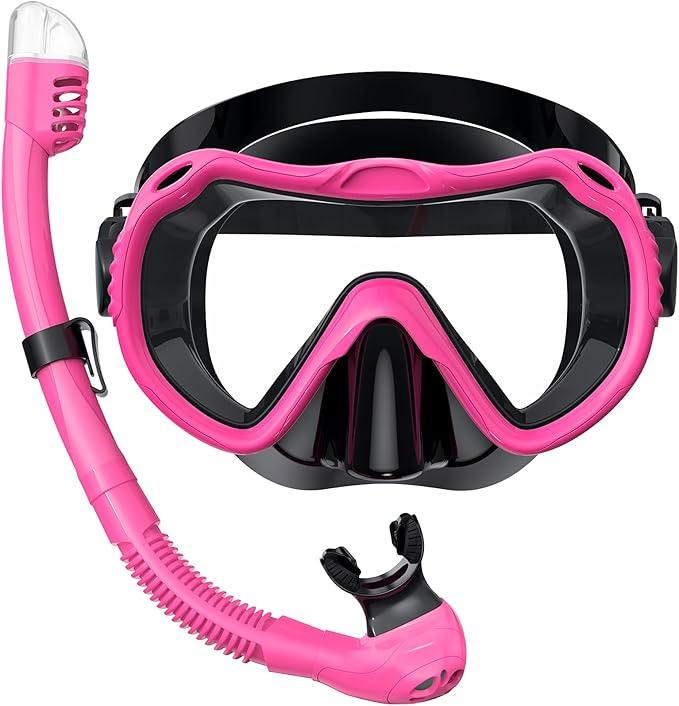 Snorkeling Gear for Adults, JRing Snorkel Mask Set with 180 Degree Tempered Glass Anti Fog Goggles Scuba Dry Top Snorkel for Swimming, Scuba Diving Mask for Men Women