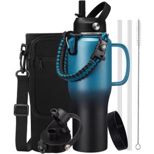 32 OZ Insulated Water Bottle Tumbler - with Straw & Spout Lid, Paracord Handle, Stap Carrying Case, Cold-48H & Hot-24H, Stainless Steel Tumblers with Handle, Slim Water Bottle that Fits in Cup Holder (Indigo Crush)