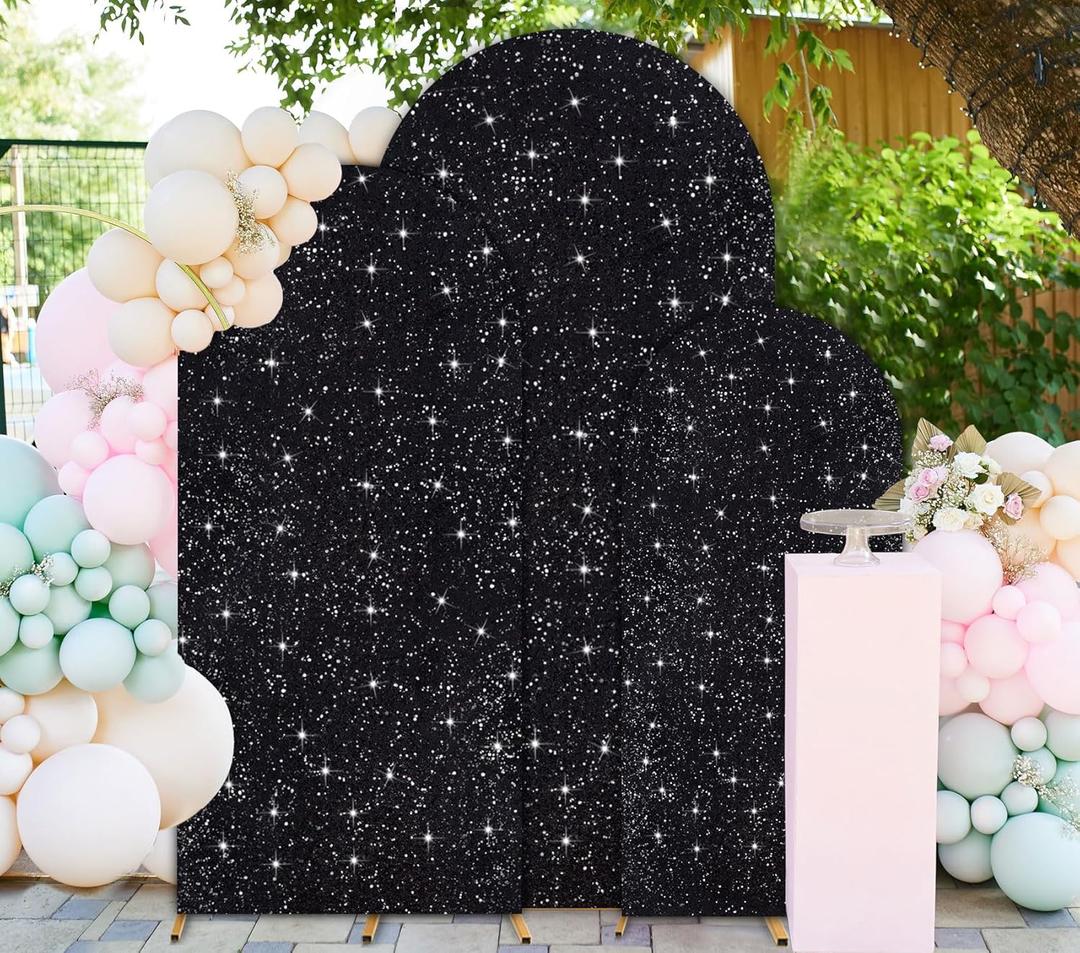 FUHSY Sequin Arch Cover Black Arch Backdrop Cover Set of 3 Arch Covers Stretchy Backdrop 6ft 5ft 4ft Spandex Backdrop Arch Stand Cover Glitter Arch Frame Cover Fabric for Halloween Party Decoration