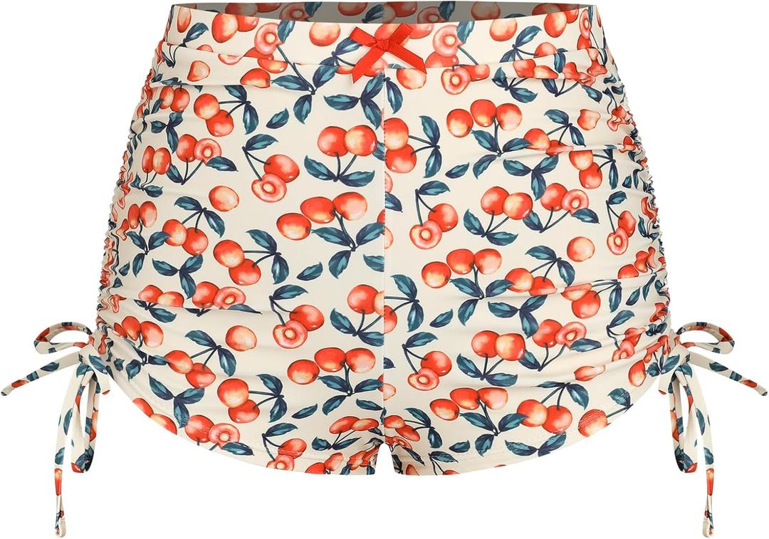ZAFUL Women's Swim Shorts High Waisted Bow Gingham Floral Print Boyshorts Bathing Suit Swimsuit Bottoms Board Shorts (3-cherry S)