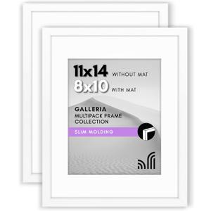 Americanflat 11x14 Picture Frame with Polished Plexiglass - Set of 2 - Use as 8x10 Frame with Mat or Display 11x14 Photo Without Mat - Galleria Collection - Picture Frames for Wall Display - White