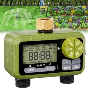 HIRALIY Sprinkler Timer, Water Timer for Garden Hose 2 Zone, Programmable for Watering, Automatic Irrigation System for Yard Lawn, Brass Swivel, IP65 Waterproof (Green)