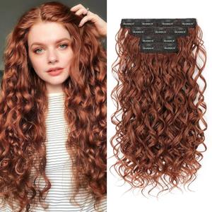 Curly Clip In Hair Extensions, 4PCS 20 Inch Copper Red Extensions Clip Ins, Lace Weft Short Curly Invisible Natural Hairpieces for Women