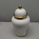 White Ginger Jar With Gold Trim, Ceramic Decorative Vase for Home, Office, Table, Living Room, Bookshelf, Mantle Fireplace, Centerpieces - 15"