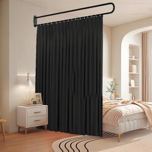U Shaped Room Divider Curtain, Black Privacy Partition with Metal Support Frame, Wall Mounted Folding Screen for Fitting Room, Beauty Salon, Bedroom, Hospital, SPA