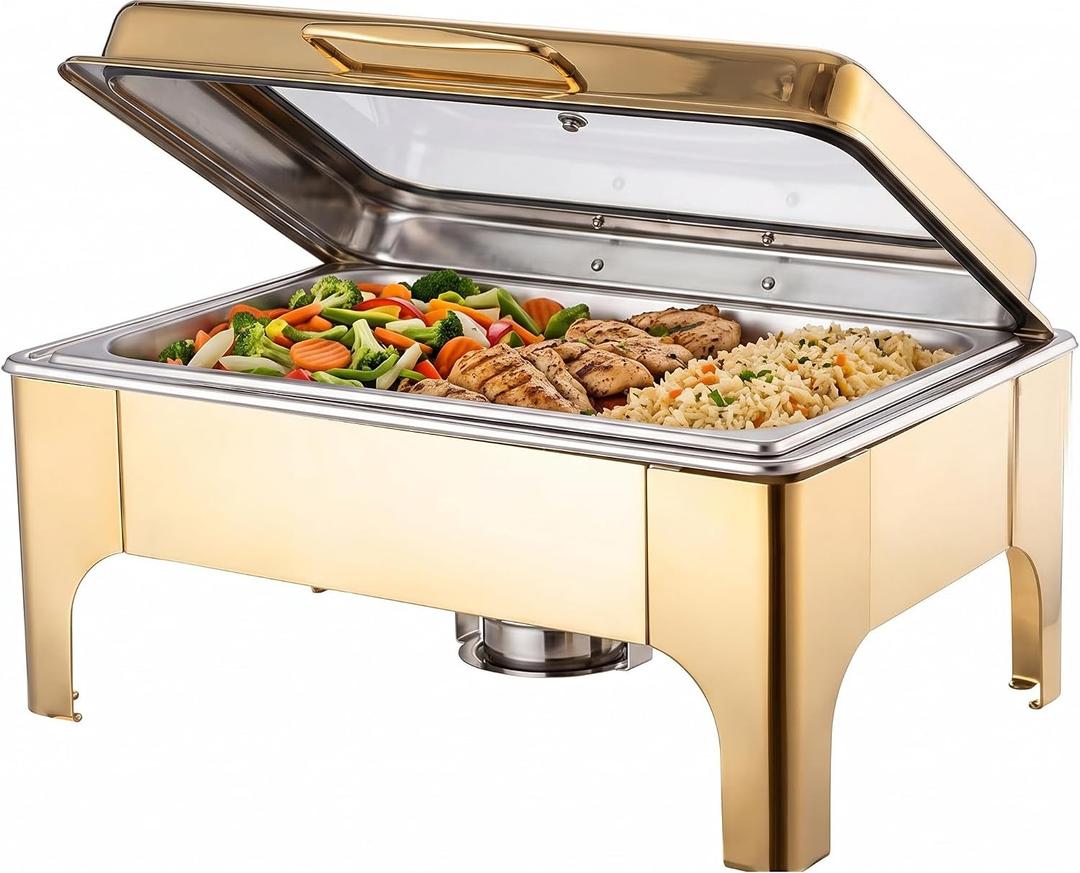 Chafing Dishes for Buffet,Roll Top 9QT Stainless Steel Chafers and Buffet Warmers Sets with Glass Lid for Parties Weddings Catering Events Dinners (Gold)