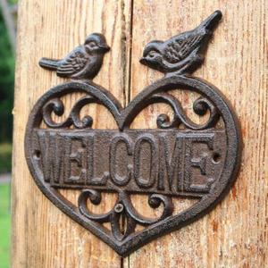 EatingBiting 7.4" Heart Cast Iron Birds Welcome Signs Plaques Home Garden Wall Decor Metal Signs Wall Mount Welcome Plaque, Bird Welcome Sign for Front Door, Porch, Entryway