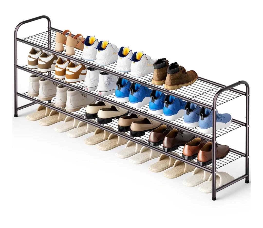 KEETDY Long 3 Tier Shoe Rack for Closet Wide Shoe Storage Organizer Stackable Metal Shoe Shelf for 24 Pairs Men Sneakers with Wire Grid for Closet Floor, Bedroom, Entryway, Bronze