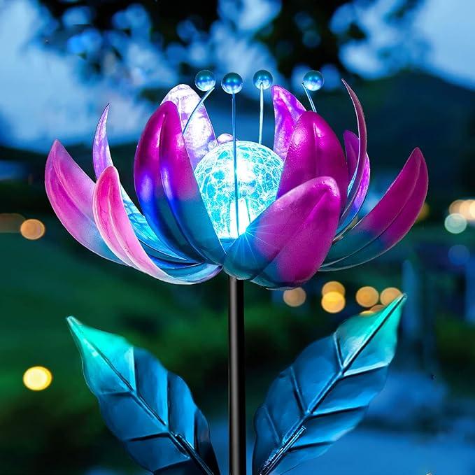 Solar Lights Outdoor Garden Decor, Solar Wind Spinner Yard Decorations for Outside, Lotus Windmill Pathway Lights with LED Cracked Crystal Ball Waterproof Flower Sculpture for Patio Lawn Garden Gifts, Purple