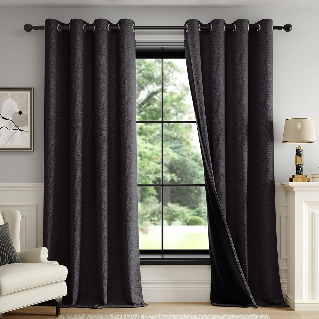 FMFUNCTEX 100% Blackout Curtains for Bedroom, Black Curtains 84 Inches Long Textured Thermal Insulated Curtains for Living Room Drapes, Black Out Drapery Grommet Room Darkening 2 Panels, Size: 52"W x 84"L