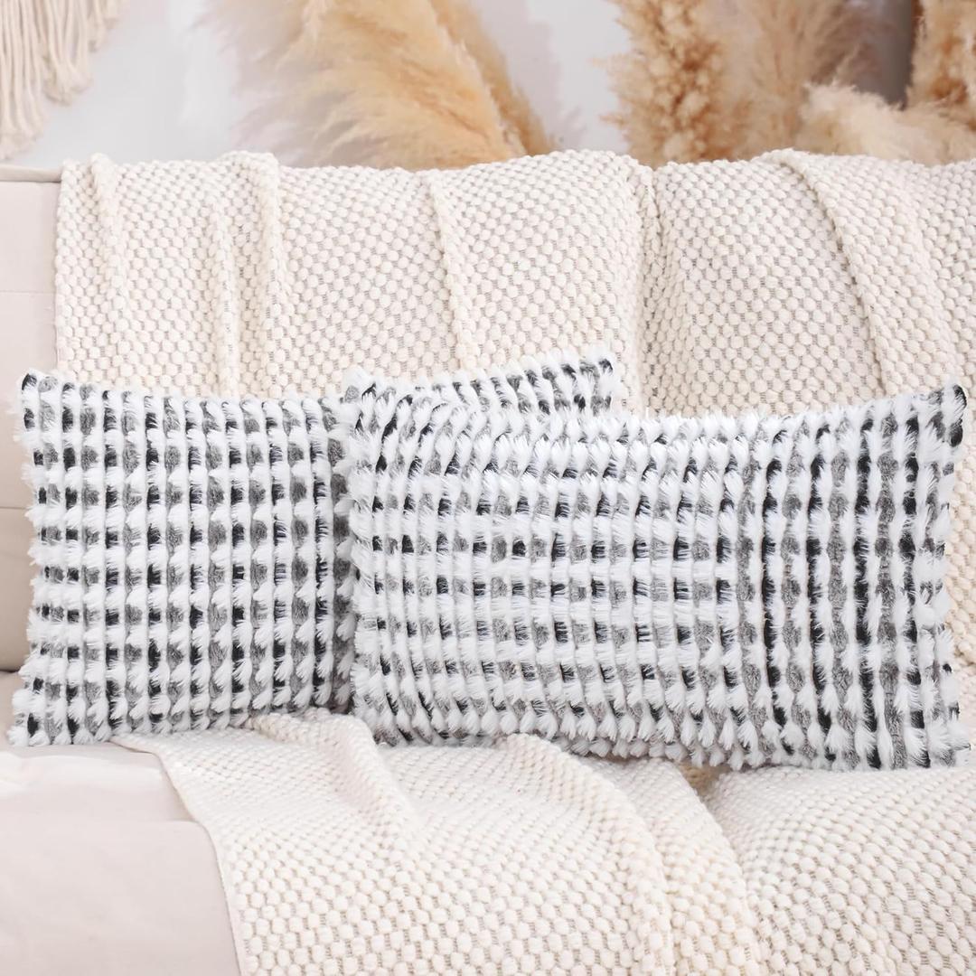 LUOYEHK Boho Throw Pillow Covers 12x20 Inch Set of 2 Chenille Tufted Pillowcase Farmhouse Neutral Cushion Covers for Couch Sofa Bed Living Room, Black Gray