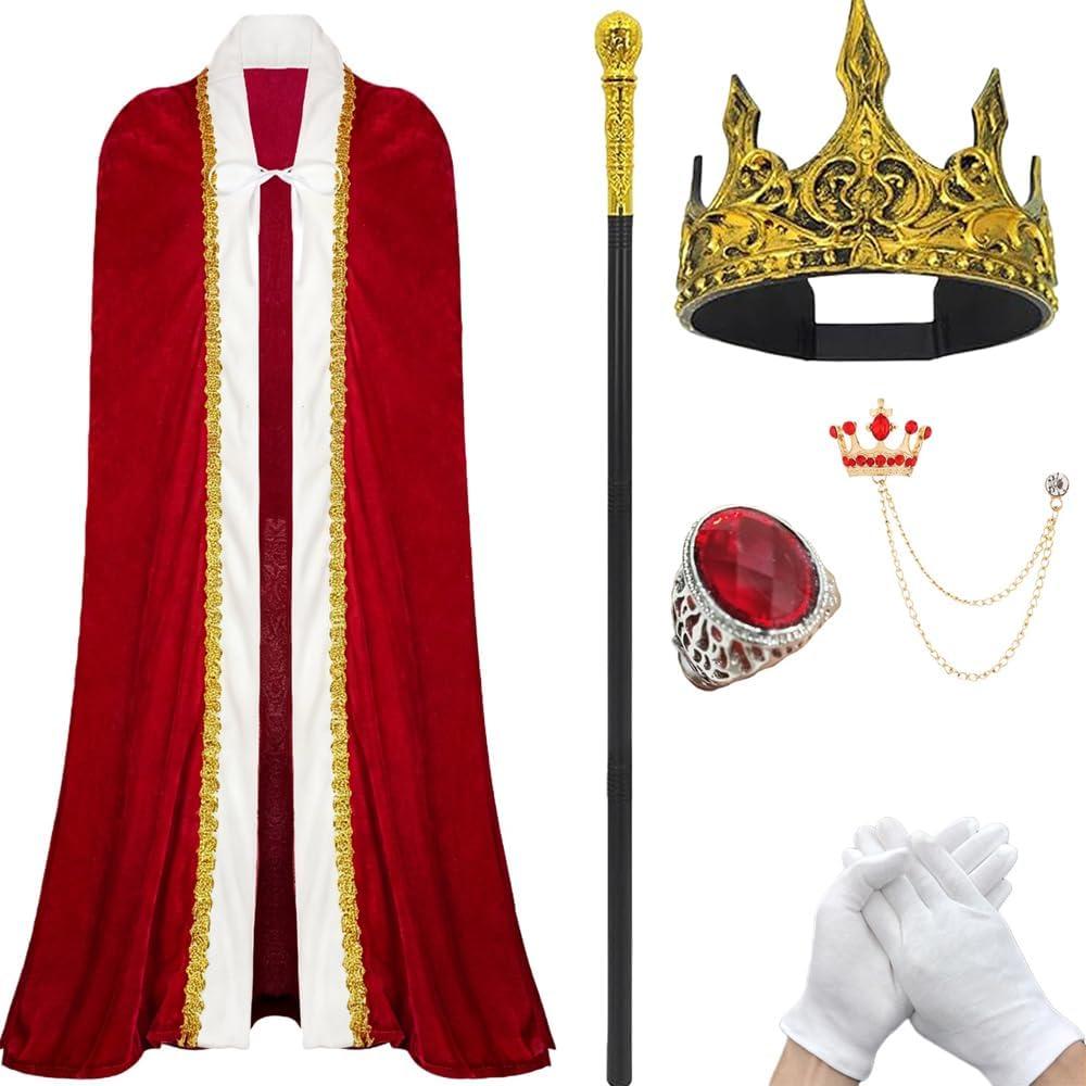 King & Queen Costume Set for Adults with Crown & Scepter, Medieval Royal Cape for Halloween & Christmas