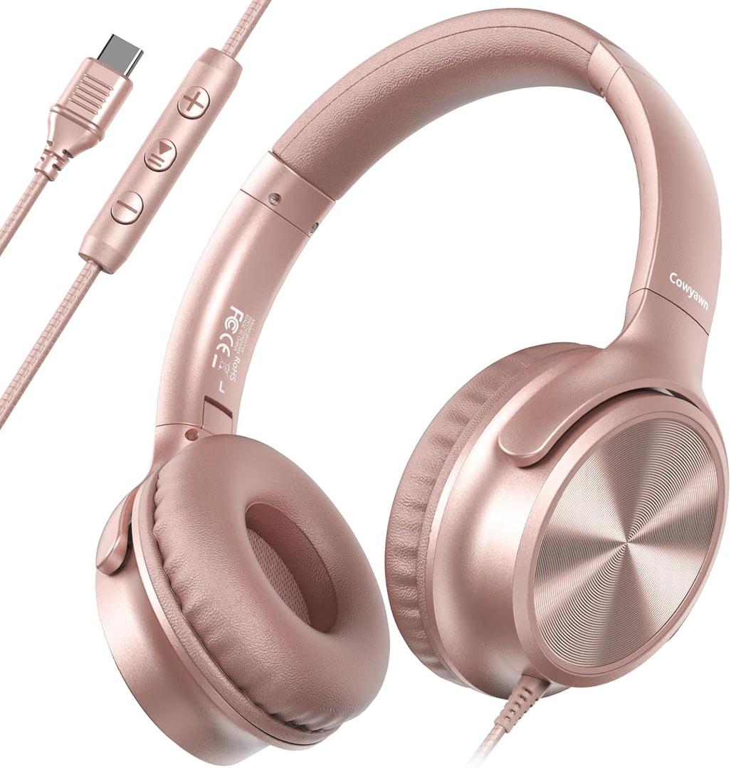 Cowyawn USB C Headphones Wired, Over Ear USB C Wired Headphones with Microphone, Volume Control, HD Stereo Sound, Foldable USB Type C Headphone for Adult/Teens/Laptop/Computer/iPhone 15/16/17, Rose