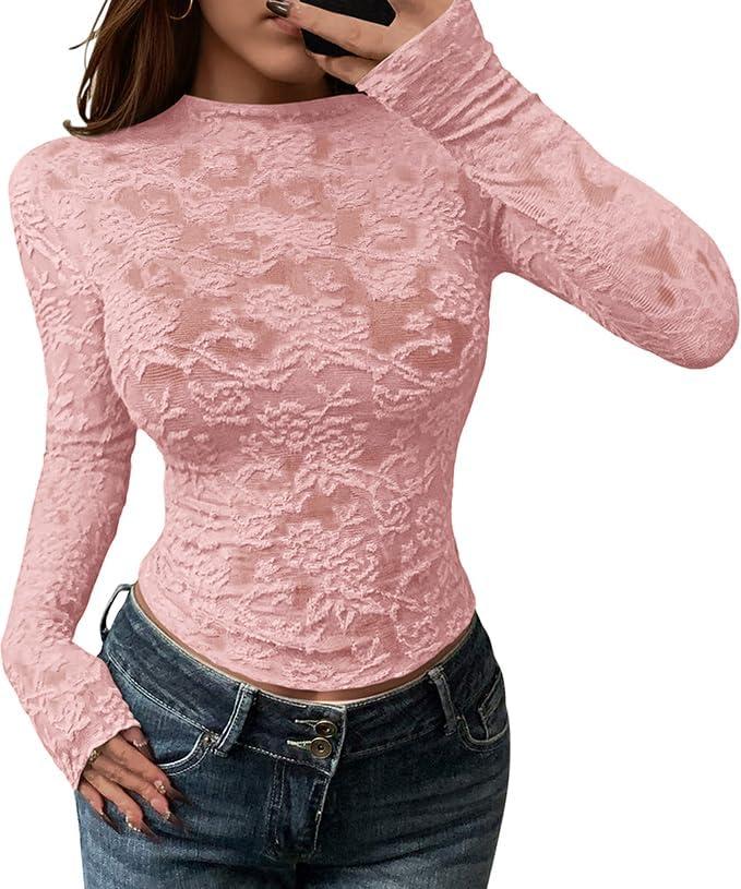 BTFBM Mesh Long Sleeve Tops for Women Lace Sexy Sheer See Through Crew Neck Tight Shirt Fall 2025 Party Club Outfits (Pink), XL