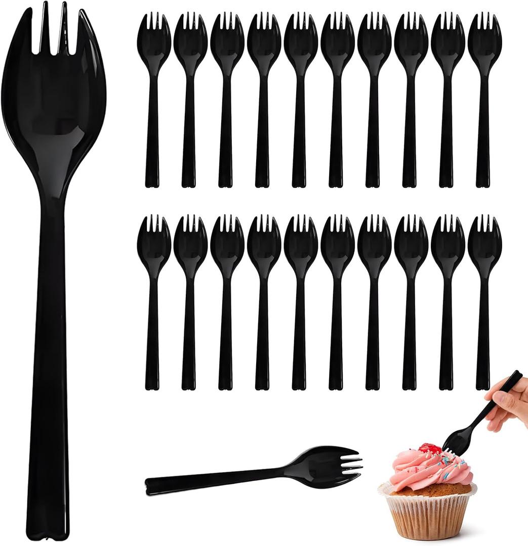 100Pcs Long Handle Plastic Spork, 6.3Inch Large Disposable Utensils, Heavy Weight Black Fork Spoon Combo for Appetizer, Catering, School Lunch, To-Go & Party Use