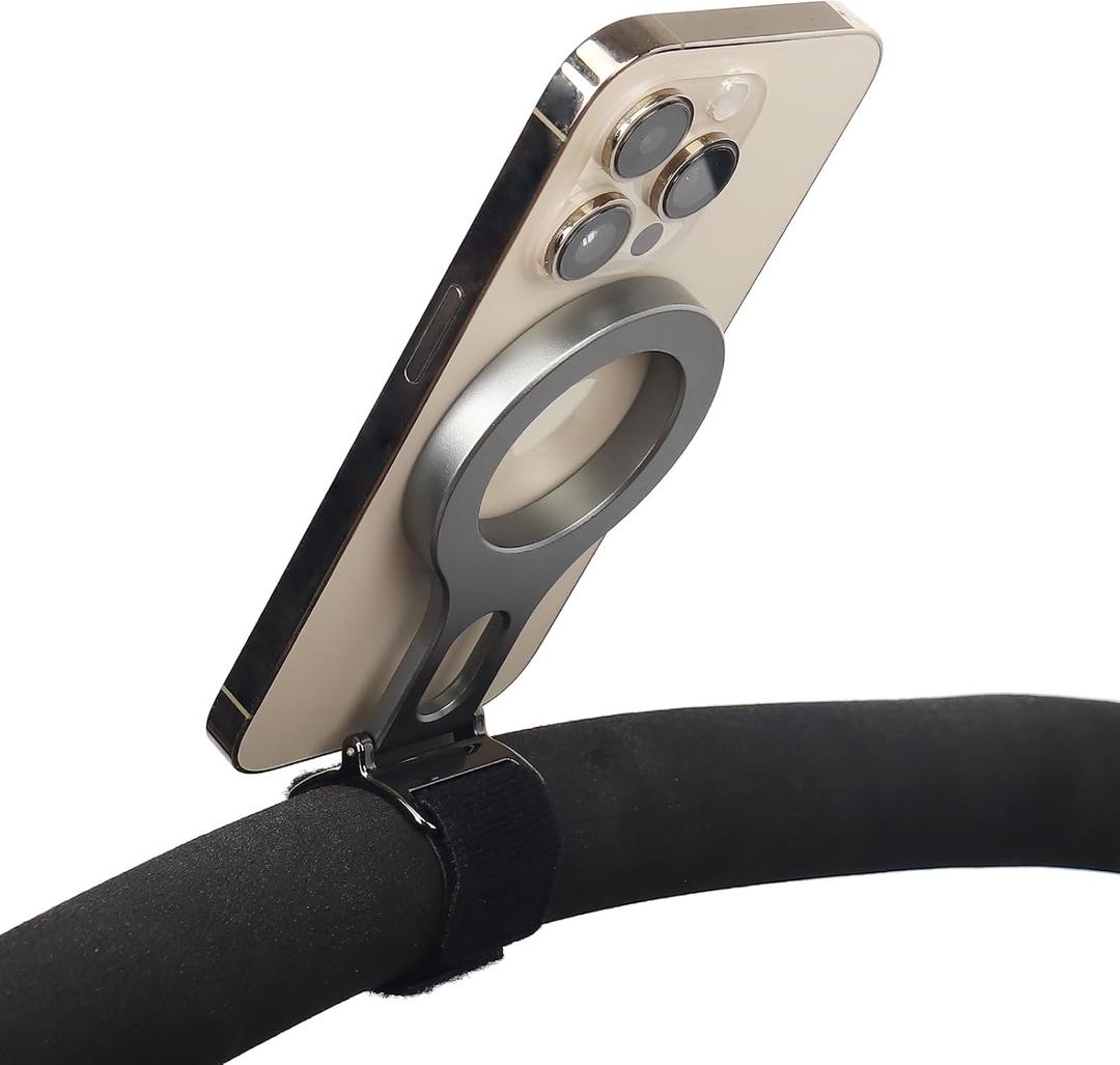 Magnetic Phone Holder for Bar, Stroller, Shopping Cart, [Strong Magnet] 180 Adjustable for Gym, Home Fitness Bikes with Adjustable Strap, All Phone (Magnetic Ring Included) (Silver Gray)