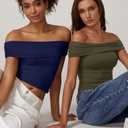 QINSEN Womens Off The Shoulder Tops Double Lined Short Sleeve T Shirts Slim Fitted Stretchy Crop Top (Blue, M)
