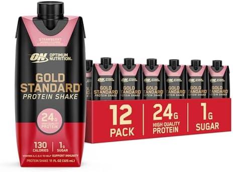 Optimum Nutrition Gold Standard Protein Shake, 24g Protein, Ready to Drink Protein Drinks, Strawberry, 11 Fl Oz, 12 Count (Pack of 1) (Packaging May Vary)