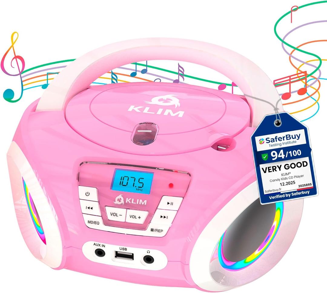 Klim Candy Kids CD Player for Children - FM Radio - Includes Batteries - Pink - Boombox Portable - CD Player Children - with Speakers, Toddlers (Pink)