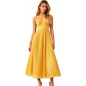 Womens Pleated A-Line Ruched Sleeveless Prom Dress Adjustable Spaghetti Strap Backless Party Gown Dress (Yellow, XL)