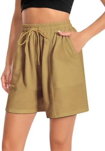 CHICMERS Women's Lounge Athletic Shorts with Pockets, 6.1" Sweat Shorts Women, Summer Casual Elastic Walking Running Shorts,Brown, M