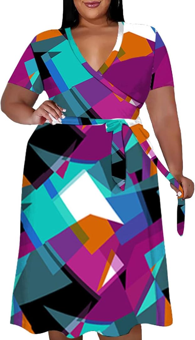 Women's Plus Size Casual Pleated Dress Summer Short Sleeve Flowy Swing Dress Loose Beach Dresses (X-Large Plus, Cyan Purple)