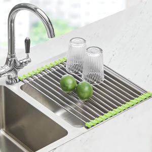 Seropy Roll Up Dish Drying Rack Over The Sink Drying Rack for Kitchen Counter, Rolling Dish Rack Over Sink Mat, Foldable Dish Drainer Stainless Steel Rack Kitchen Organization Green 17.5"x11.8"