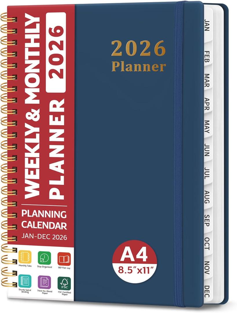 2026 Planner, Weekly and Monthly Calendar Planner, January 2026 - December 2026, Hardcover 2026 Calendar Book with Tabs For Women & Men, Inner Pocket, Spiral Bound, Perfect for Office Home School Supplies - A4 (8.5" x 11"), Navy