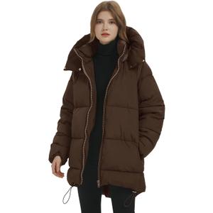 PEHMEA Women Mid-Length Puffer Hooded Jacket Winter Padded Warm Coat Thicken Outerwear Coats (Small, Coffee)