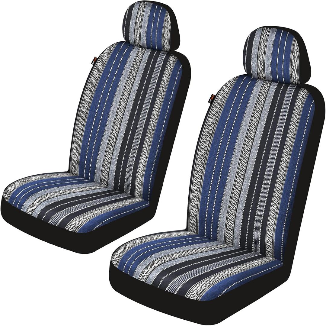 Baja Saddle Blanket Car Seat Covers Front Set, Washable Breathable Striped Woven Cloth Seat Covers for Cars, SUV, Truck,Airbag Compatible(Blue)